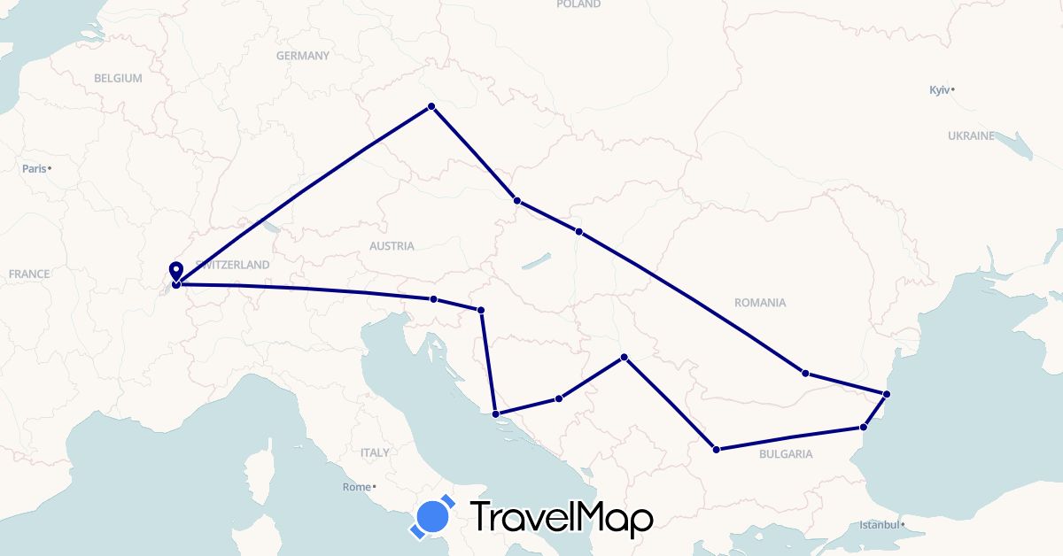 TravelMap itinerary: driving in Bosnia and Herzegovina, Bulgaria, Czech Republic, France, Croatia, Hungary, Romania, Serbia, Slovenia, Slovakia (Europe)